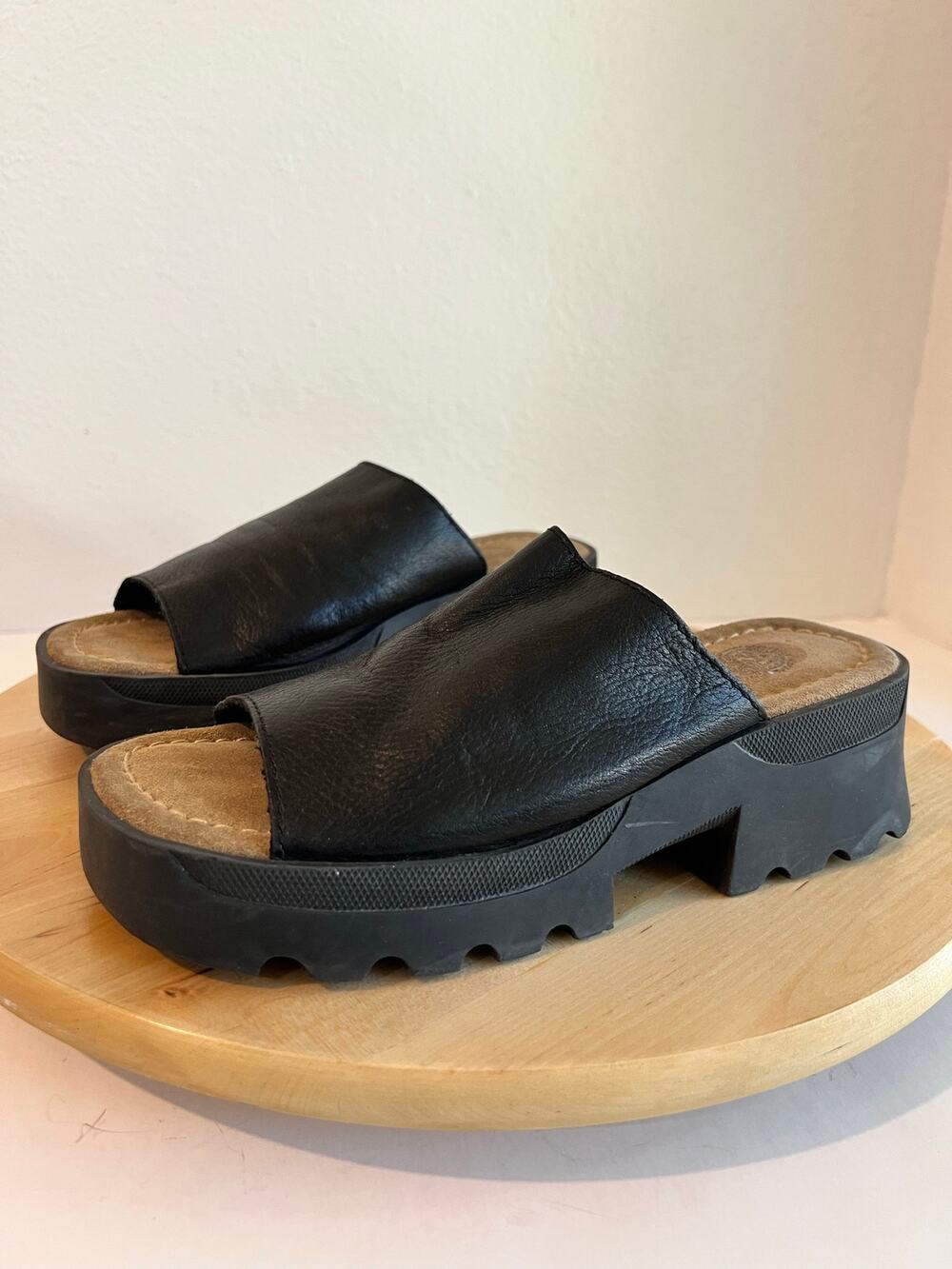 Vintage Y2K Black Open Toe Chunky Genuine Leather Slide Sandal Size 7.5 Arizona